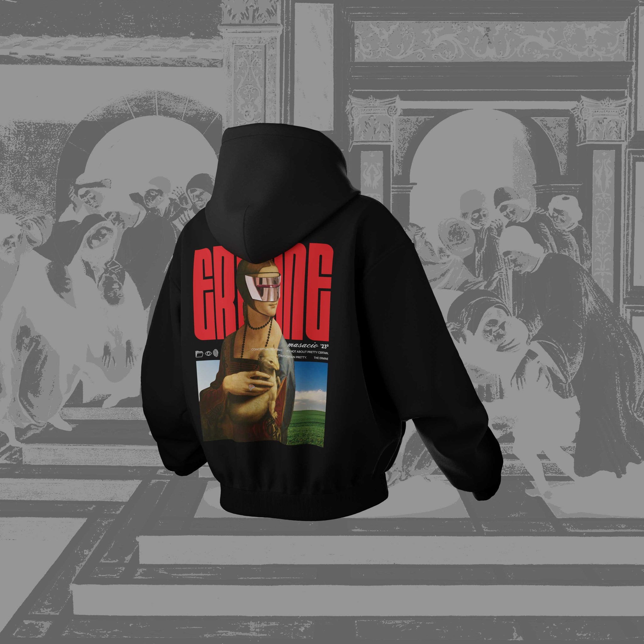 Masacio_Black Oversized Hoodie with picture of Ermine