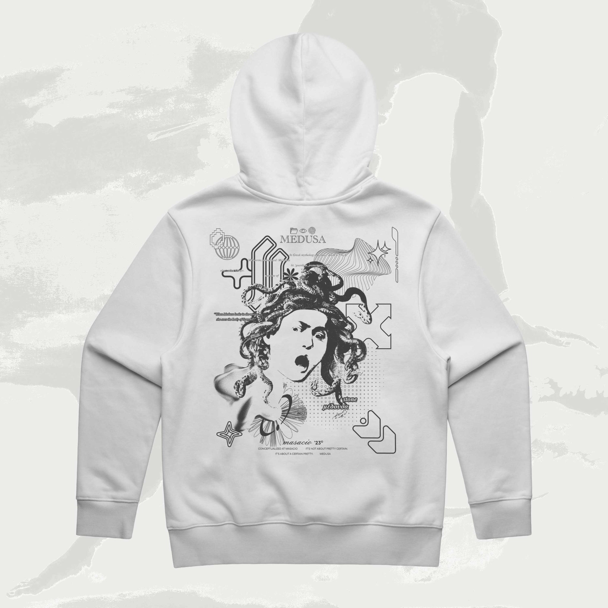 Masacio_White Oversized Hoodie with picture of Medusa