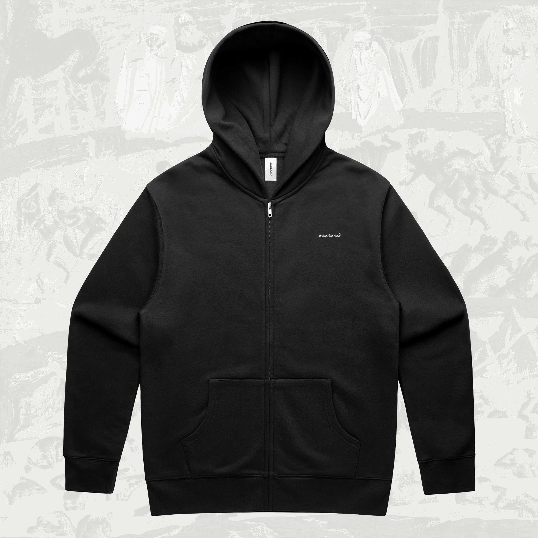 Masacio_Black Zip up Hoodie with picture of Flightless