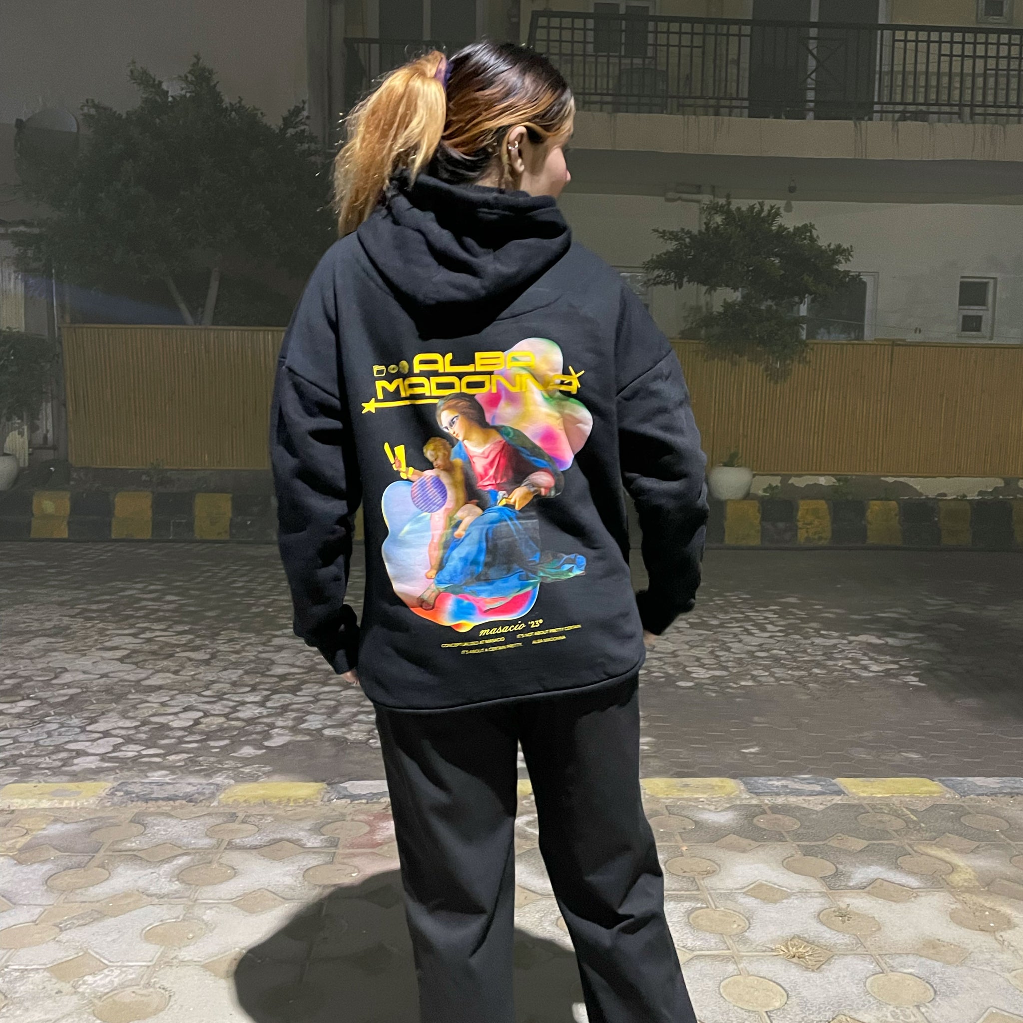 Masacio_Black Oversized Hoodie with picture of Alba Madonna